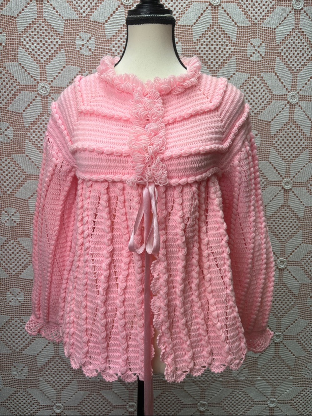 Vintage Pink Hand Knit Popcorn Cardigan Sz Sm
